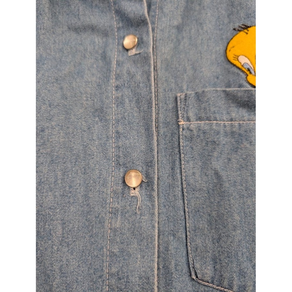 Looney Tunes Vintage Sleeveless Denim Shirt Sylvester and Tweety Button Down S - Picture 3 of 6